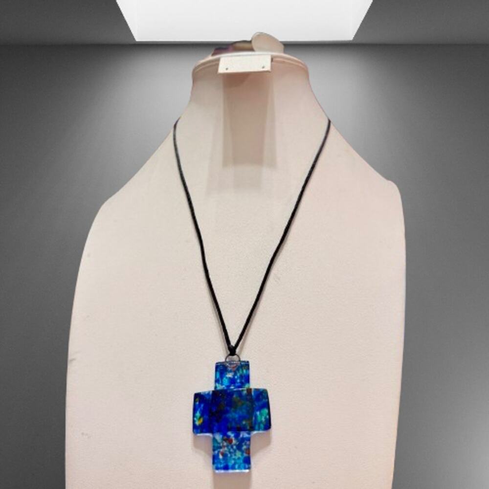 4 for $24 Sale Handcrafted Colorful Speckled Blue Art Glass Cross Pendant - Picture 6 of 7
